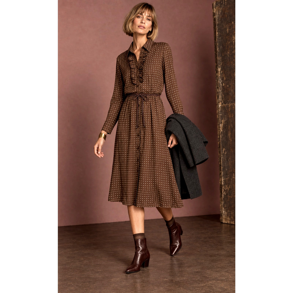 Nili Lotan 6 Sasha Midi Shirt Dress $795 Polka Dot 100% Silk Ruffle Brown - Picture 3 of 13